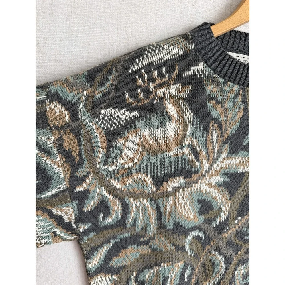 Crossings Vintage Mens Deer Intarsia Knit Cotton Sweater Made in USA Grey M